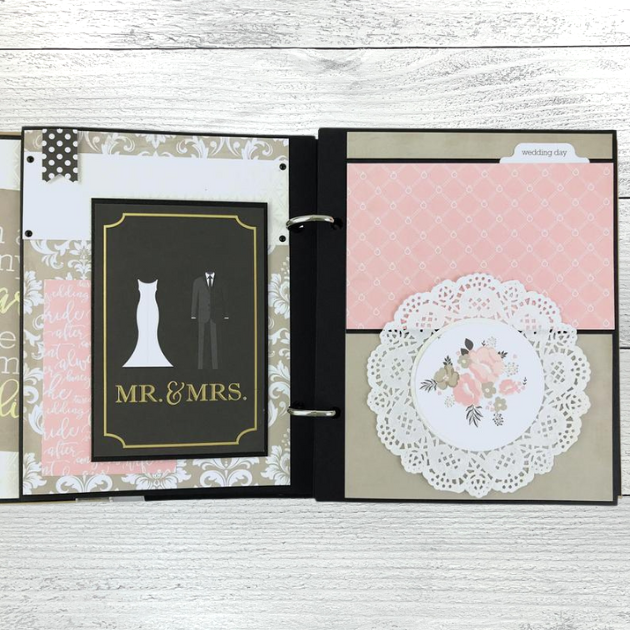 Wedding Bliss Scrapbook Album Page with a wedding dress, tuxedo, flowers, and lace