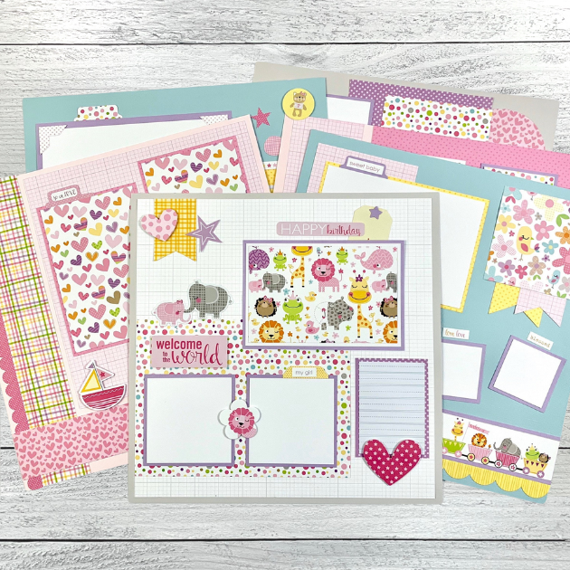 12x12 baby girl scrapbook layouts with cute animals, hearts, and flowers