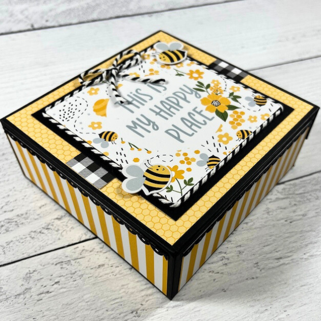 My Happy Place Scrapbook Album and box with bees, flowers, honeycombs, beehives, and twine