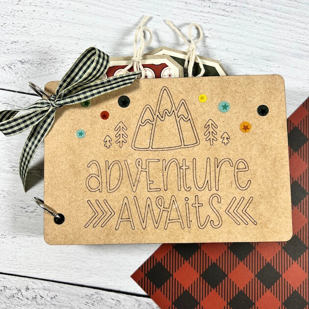 Adventure Awaits wooden scrapbook album for photos of a lake, camping, fishing, hiking, or summer camp