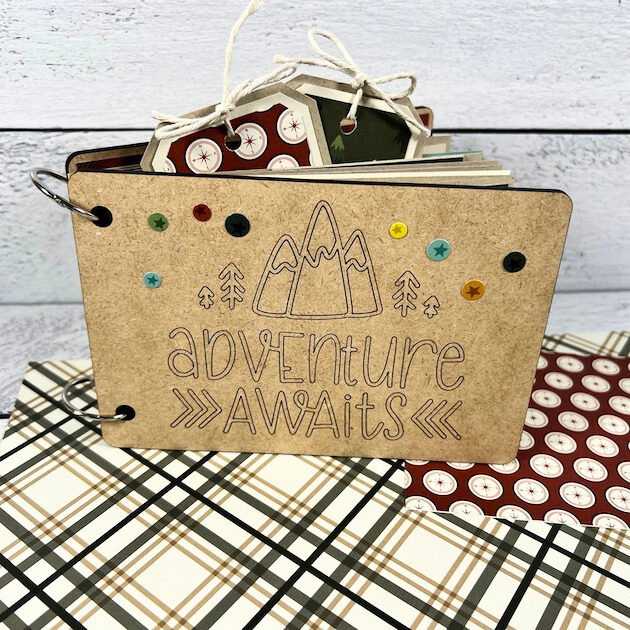 Adventure Awaits wooden scrapbook album for photos of a lake, camping, fishing, hiking, or summer camp