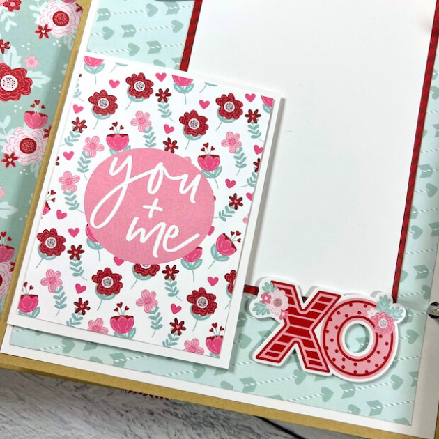 Love Valentine scrapbook album page with flowers, hearts, and a red, pink, and mint green color scheme