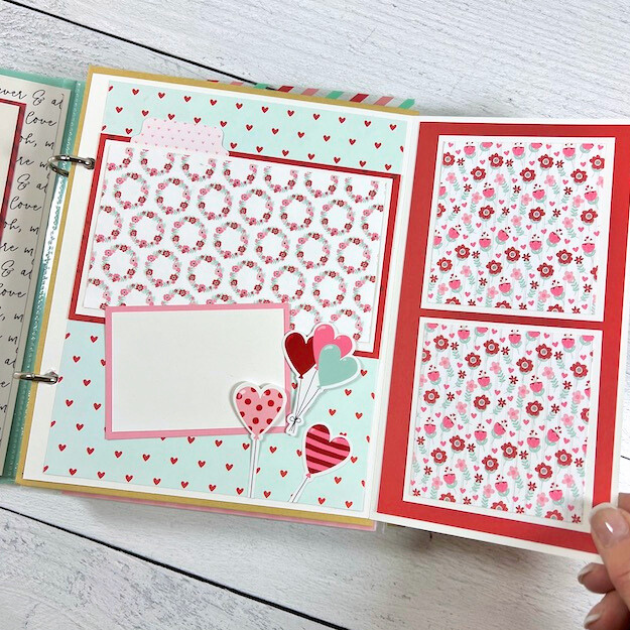 Love Valentine's Day Scrapbook Album Page with flowers, hearts, balloons, and a fold-out page