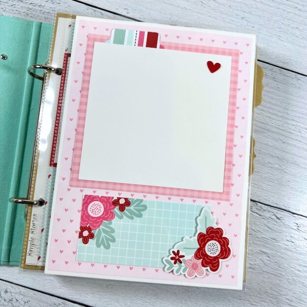 Love is All You Need Scrapbook Album Page with hearts, flowers, and a cute gingham print