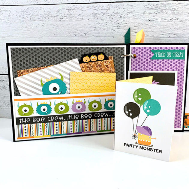 My Favorite Monsters Halloween Scrapbook Mini Album Page with monsters, stars, a pocket, and lots of fun journaling cards and photo mats