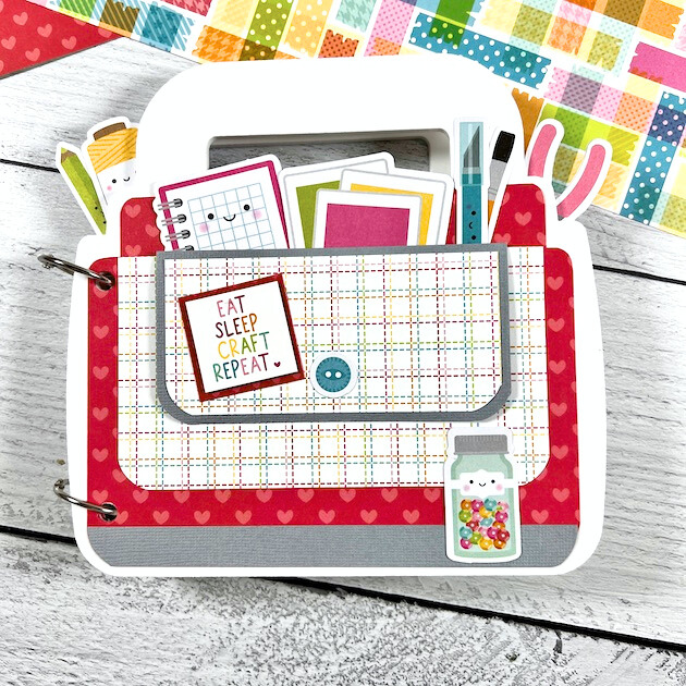 Crafty Tote Shaped Scrapbook Mini Album with cute craft supplies, hearts, and bright colors