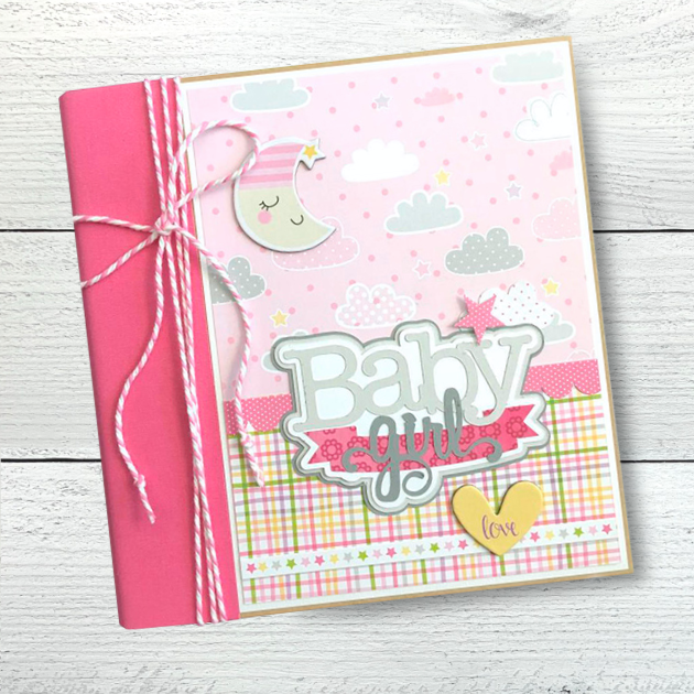 Baby Girl scrapbook album with a moon, clouds, star, and a pretty plaid