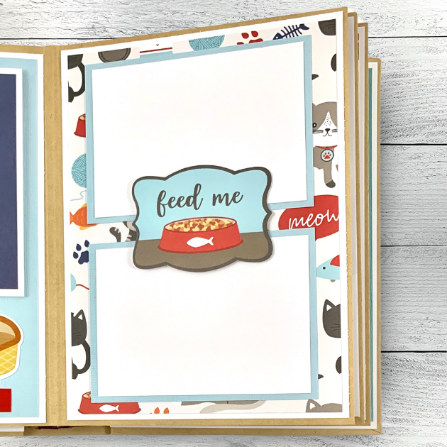 Love My Cat Scrapbook Album page with toys, a food dish, and fish bones