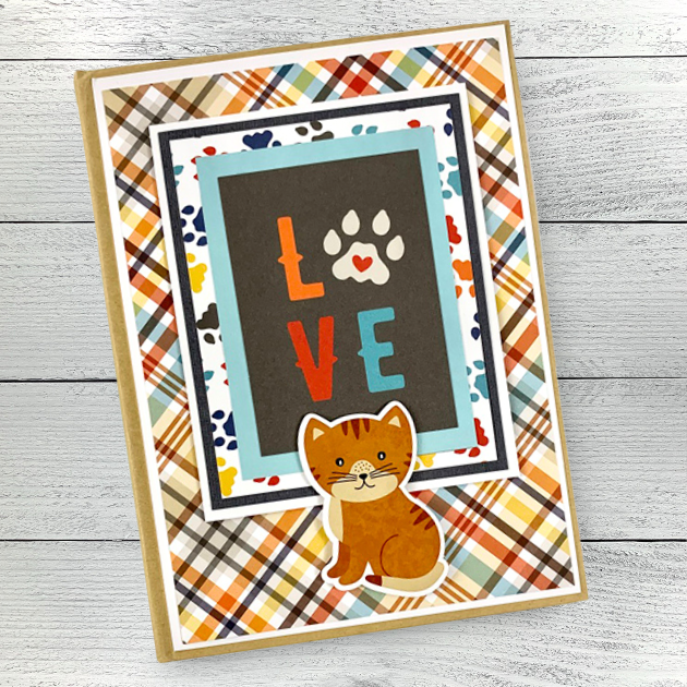 Love My Cat Scrapbook Album with cats, a colorful plaid paper, and pawprints