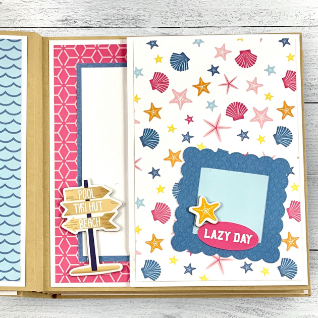 Summer Beach Scrapbook Album Page with seashells, starfish, waves, and a wooden sign with arrows