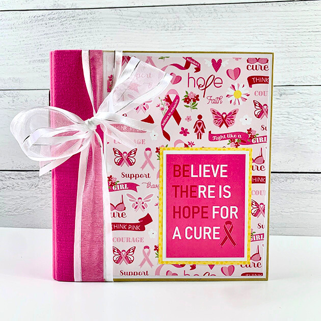 Breast Cancer Scrapbook Album with ribbons, pink, and positive sayings