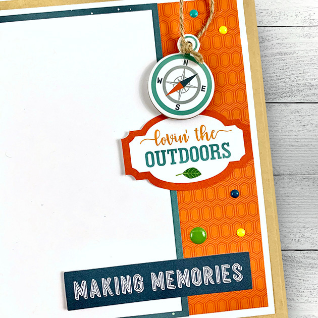 Outdoor Summer Adventure Scrapbook Album Page with a compass, twine, and enamel dots