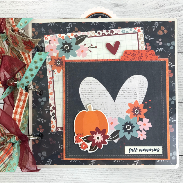 Forever Fall Memories Scrapbook Album with flowers, a pumpkin, hearts, and ribbons