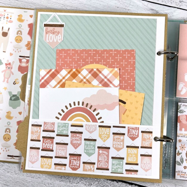 Twinkle Twinkle Baby Girl Scrapbook Album Page with pocket, journaling cards, and hanging banners