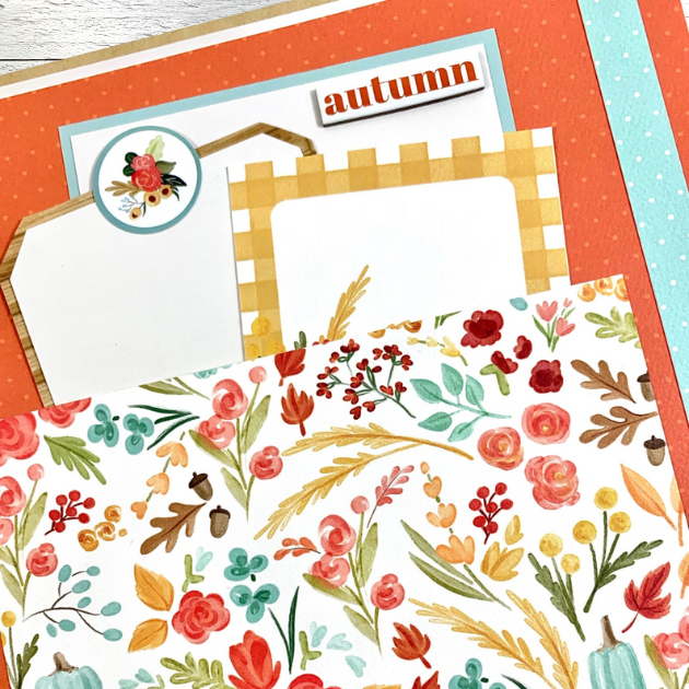 Hello Fall Scrapbook Mini Album page with a pocket covered in pretty flowers and journaling cards tucked inside