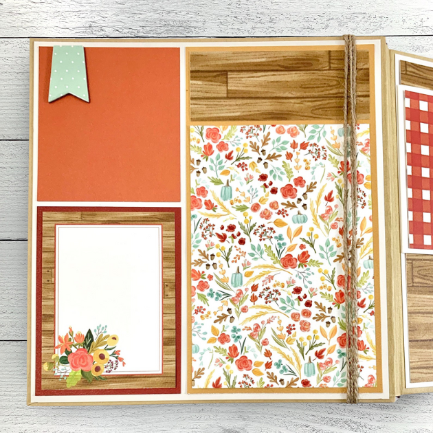 Hello Fall Scrapbook Mini Album page with flowers, a tag, and wood grain papers 