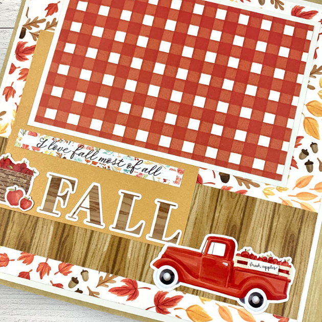 Hello Fall Scrapbook Mini Album with autumn leaves, a pickup truck, apples, and a gingham pattern