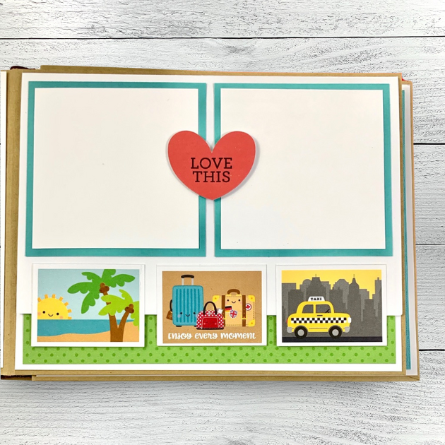 Vacation Memories Travel scrapbook album page with a heart, sunshine, palm trees, luggage, and a taxi cab