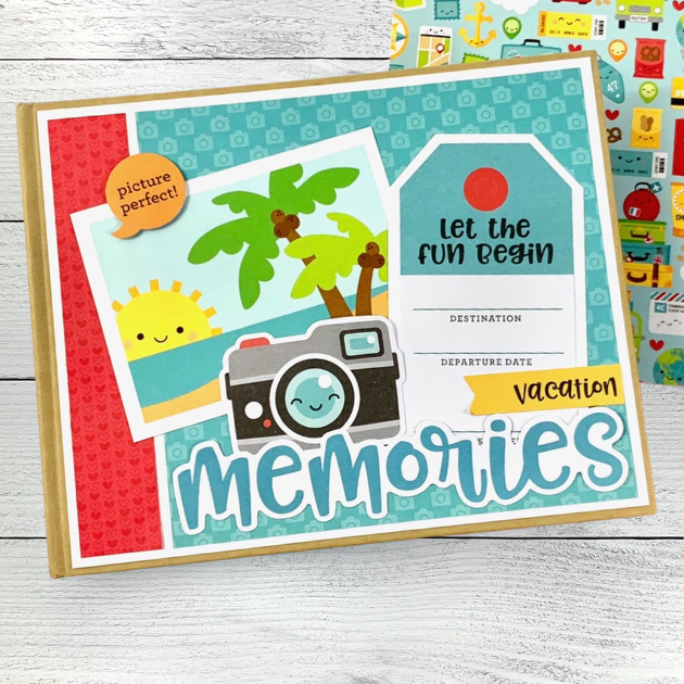 Vacation Memories Travel Mini Scrapbook Album with a camera, sunshine, and palm trees