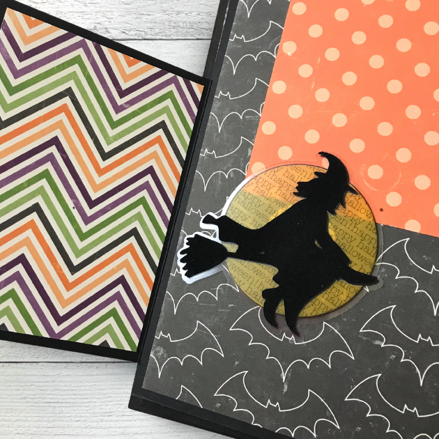 October 31st Halloween Scrapbook Mini Album Page with a fold-out card, a witch on a broom, the moon, and bats