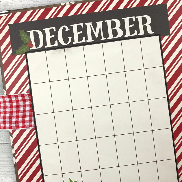 Very Merry Christmas Scrapbook Album with December calendar, candy cane striped paper, and a gingham ribbon