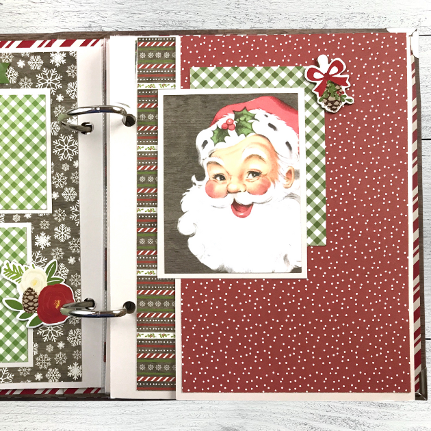 Very Merry Christmas Scrapbook Album Page with Santa Claus, a pinecone, tiny polka dots, and snowflakes