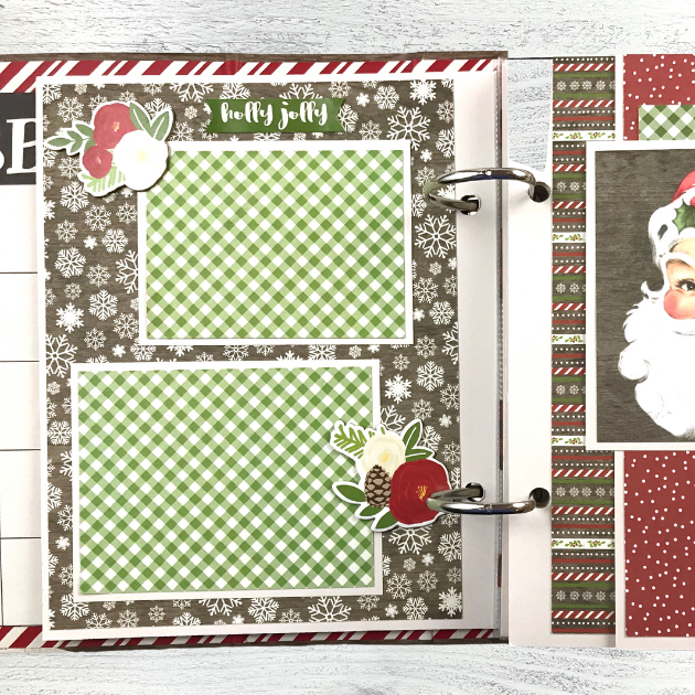 Very Merry Christmas Scrapbook Album Page with snowflakes, flowers, a pinecone, and Santa