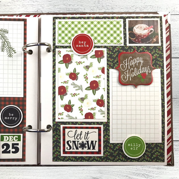 Very Merry Christmas Scrapbook Album Page with flowers, holly leaves and berries, and a cup of hot chocolate