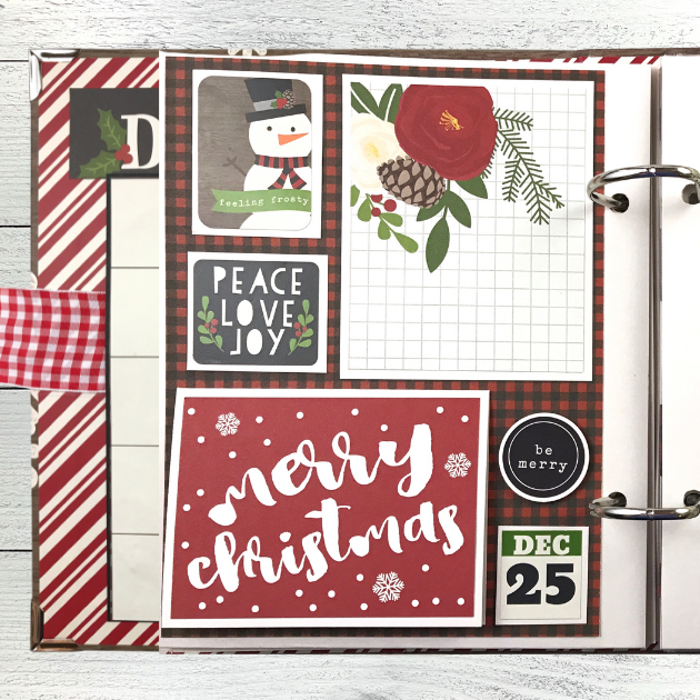 Very Merry Christmas Scrapbook Album Page with a snowman, flowers, pinecone, and a folding card for extra photos