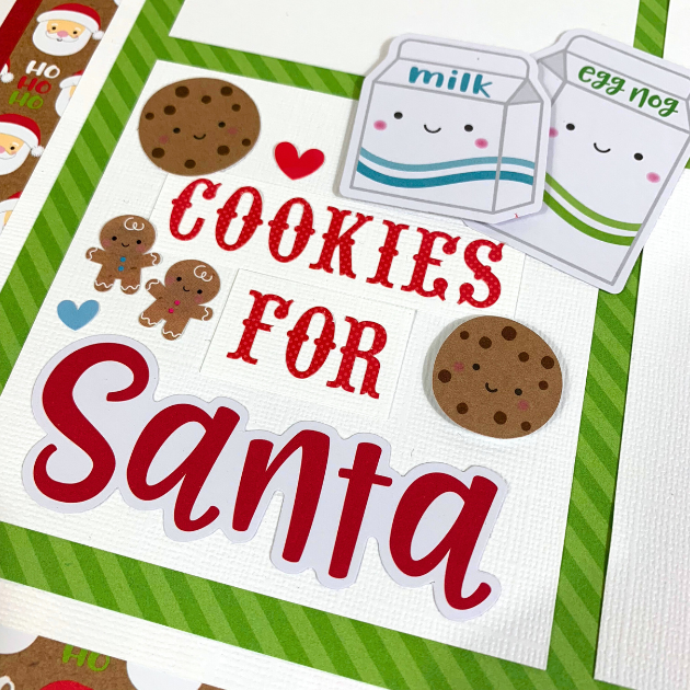 12x12 Christmas Town Scrapbook Layout with milk, cookies, gingerbread men, and cute little Santa faces