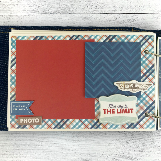You Totally Rock Scrapbook Mini Album Page with an airplane, a handsome plaid paper, and photo mats
