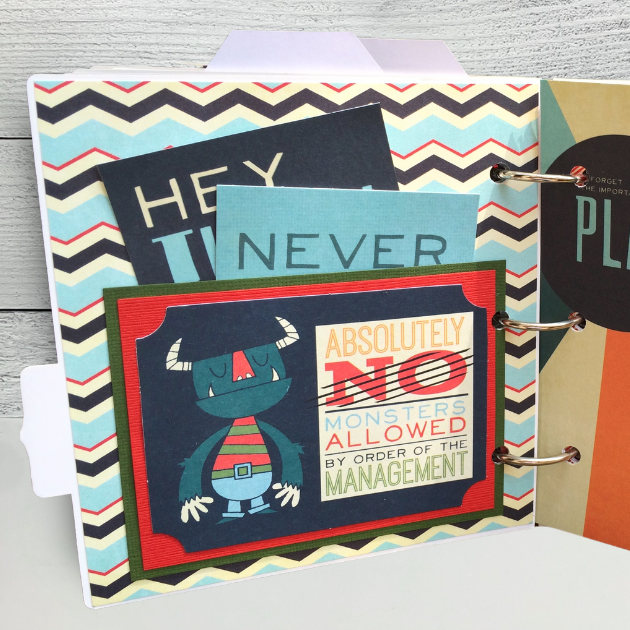 Awesome Kid Boy Scrapbook Album Page with a pocket, jounaling cards, and a silly monster with horns