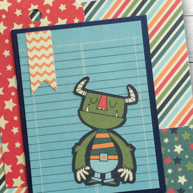 Awesome Kid Boy Scrapbook Album Page with silly green monster, stars, stripes, and journaling card