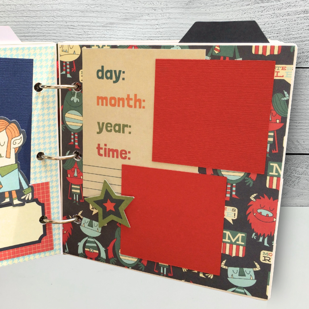 Awesome Kid Boy Scrapbook Album Page with lots of silly monsters, a star, and photo mats