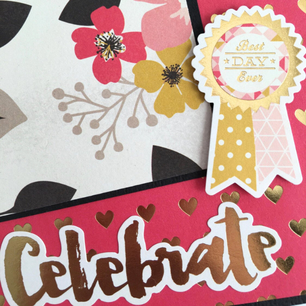 Time To Celebrate Scrapbook Mini Album Page with flowers, gold foil hearts, and a ribbon