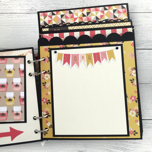 Time To Celebrate Scrapbook Mini Album Page with a pink and yellow banner, pretty flowers, and photo mat