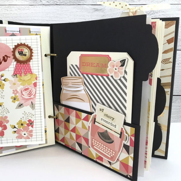 My Story Scrapbook Album Page with a pocket, a typewriter, a die cut jar shaped journaling card