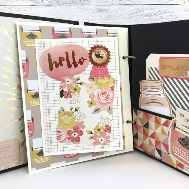 My Story Scrapbook Album Page with flowers, typewriters, and a ribbon