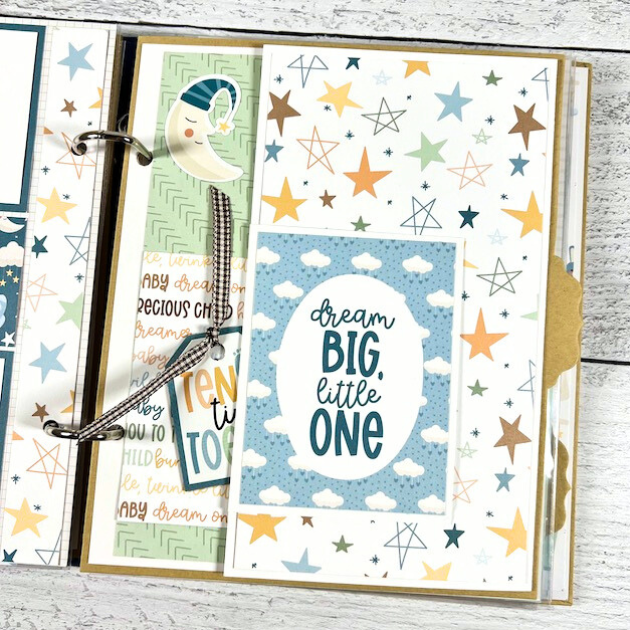 Twinkle Twinkle Baby BOY Scrapbook Album Page with stars, clouds, a moon, and a folding element