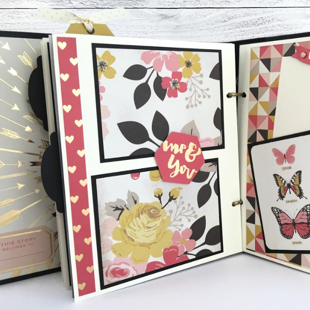 My Story Scrapbook Album Page with gold foil hearts and big beautiful flowers