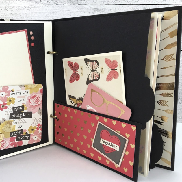 My Story Scrapbook Album Page with a pretty pocket, journaling cards, gold foil hearts, and butterflies