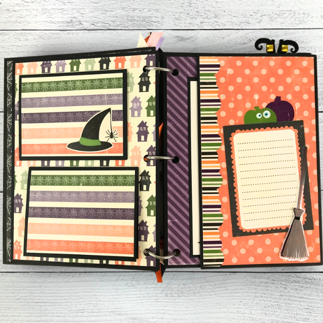 October 31st Halloween Scrapbook Mini Album Pages with a witch's hat, haunted houses, pumpkins, a broom, and fun polka dots