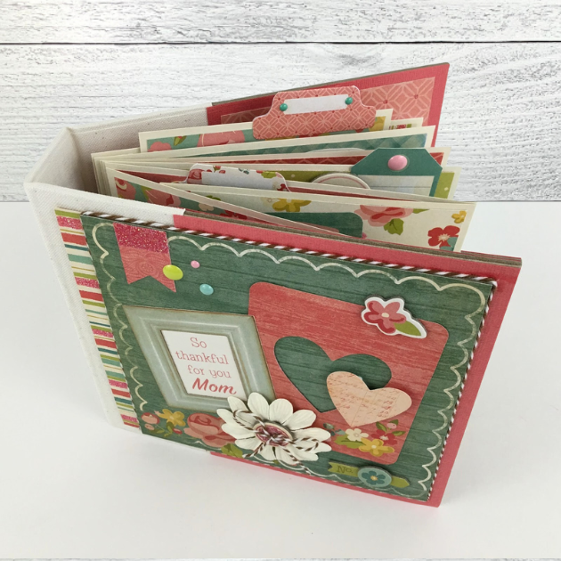 So Thankful For Mom Scrapbook Mini Album with flowers, hearts, birds, tea cups, enamel dots, and pretty geometric papers