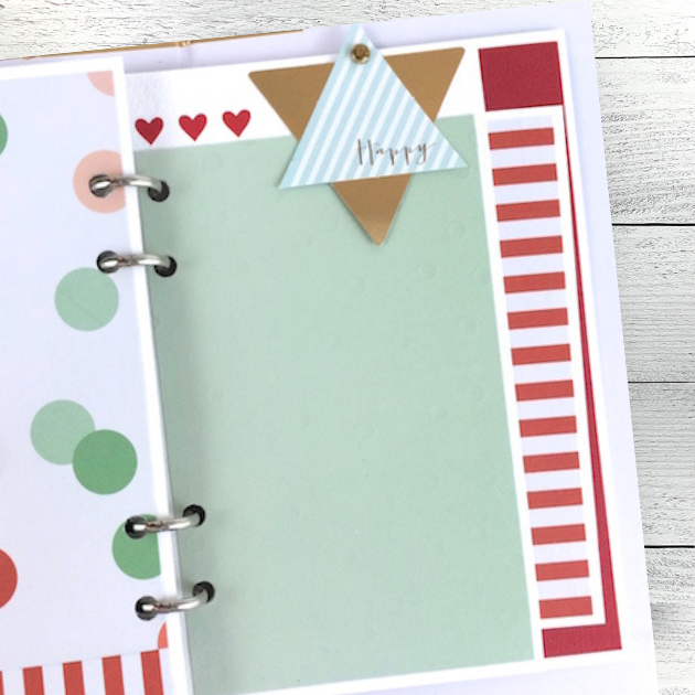 Be Happy Scrapbook Album Page with polka dots, hearts, triangles, a brad, and metallic gold accents