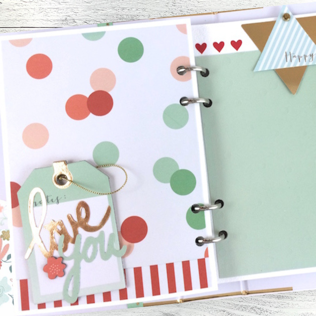 Be Happy Scrapbook Album Pages with polka dots, hearts, a tag with twine, and metallic gold accents
