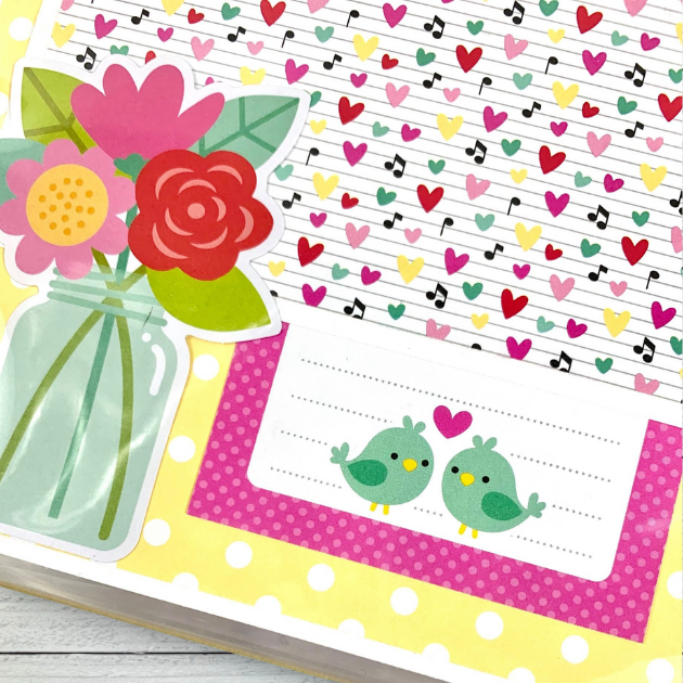 You & Me Love Notes Scrapbook Mini Album Page with hearts, flowers, musical notes, & a journal card