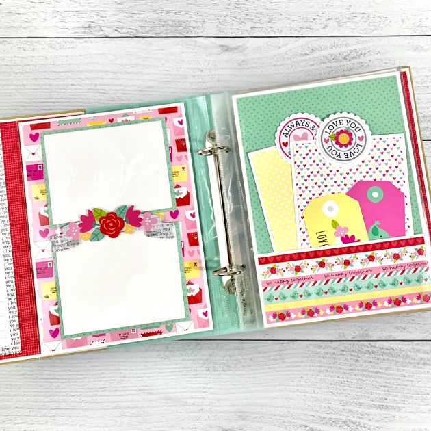 You & Me Love Notes Scrapbook Mini Album Pages with hearts, flowers, a pocket & journal cards