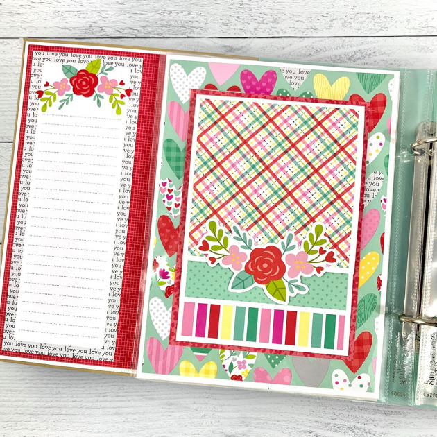 You & Me Love Notes Scrapbook Mini Album Page with hearts, flowers, a journal card, & a pretty plaid paper