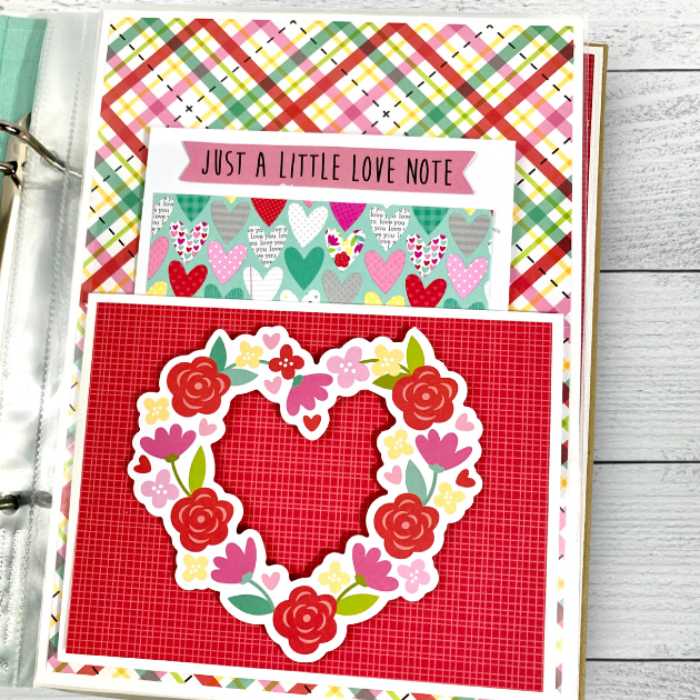 You & Me Love Notes Scrapbook Mini Album Page with hearts, flowers, a pocket & journal card