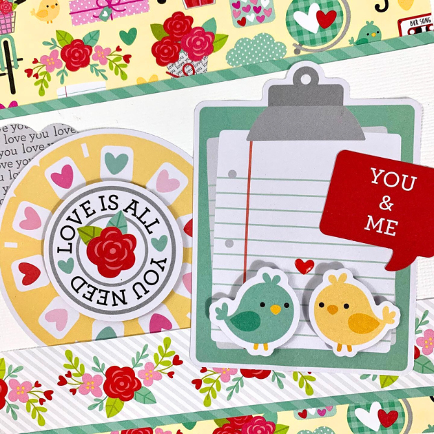 You & Me Love Notes Scrapbook Mini Album for Valentine's Day with hearts, flowers, birds, and gifts